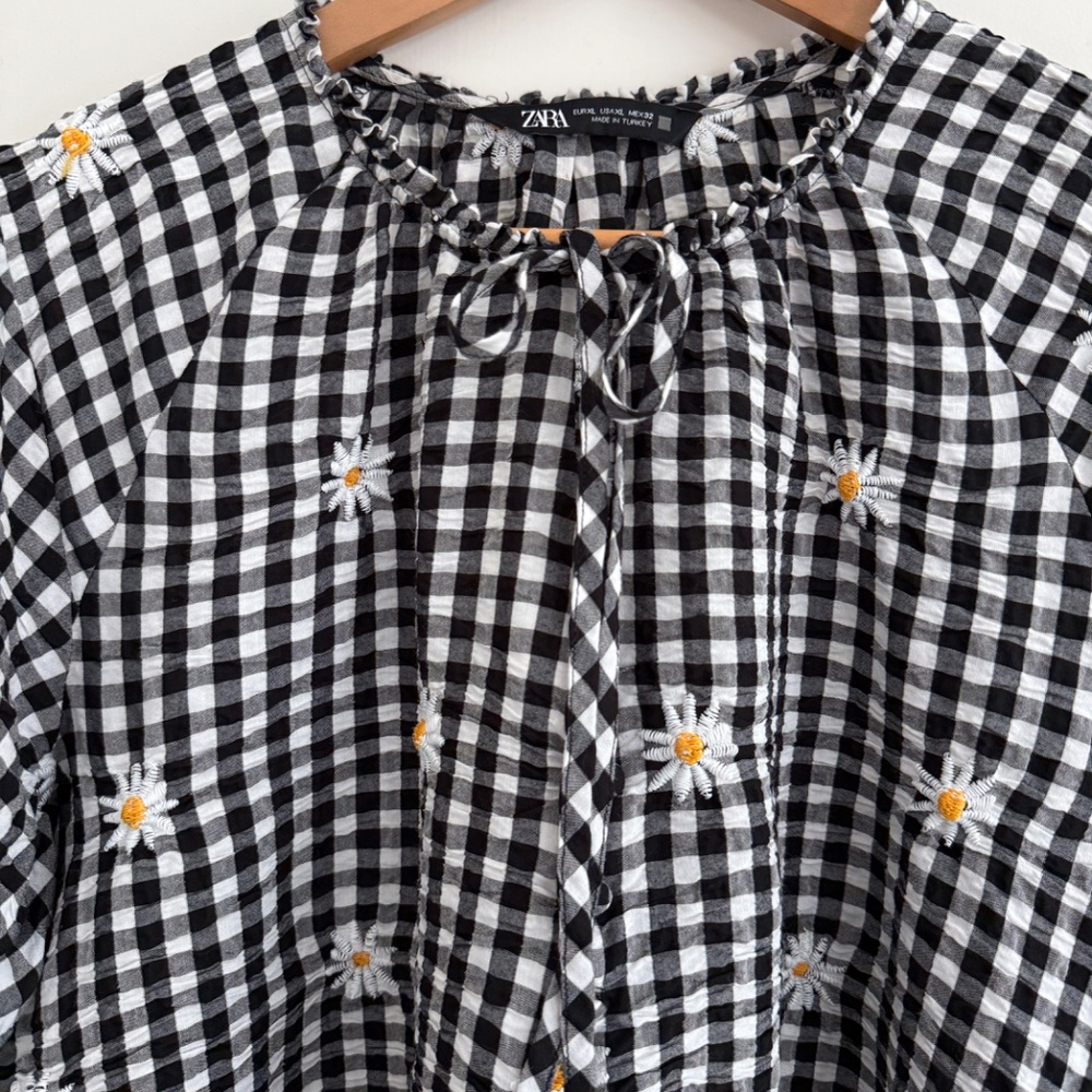 Zara Daisy Embroidered Checkered Tunic Dress with Ties XL - Picture 3 of 8